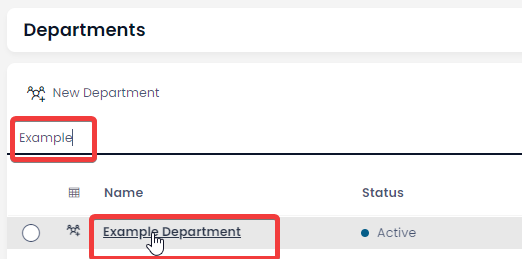 A screenshot that demonstrates how to find a Department item. The screenshot is annotated with red boxes. The upper red box shows how to enter text to search for an item. The lower red box shows how that item appears and can be selected.